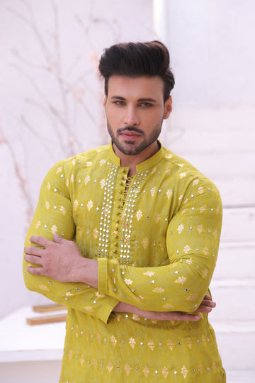 FLouroscent Color Mirror Work Embroidery Kurta Pajama For Men